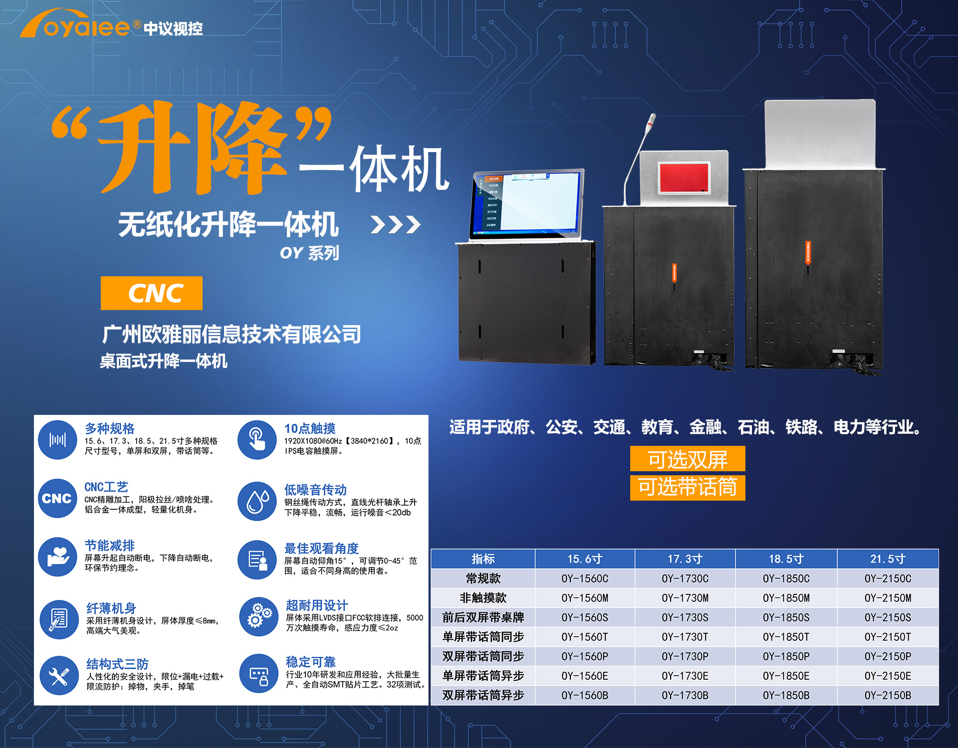 15.6/17.3/18.5/21.5前后双屏桌牌带话筒升降终端